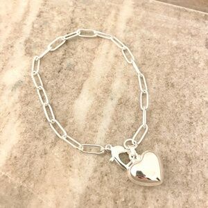 Sterling Silver Heart Pendant Bracelet Paperclip Link Bracelet Modern Bracelet